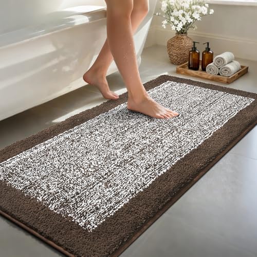 60x24 Long Bathroom Rugs Non Slip Washable, Soft Absorbent Bath Mat Brown