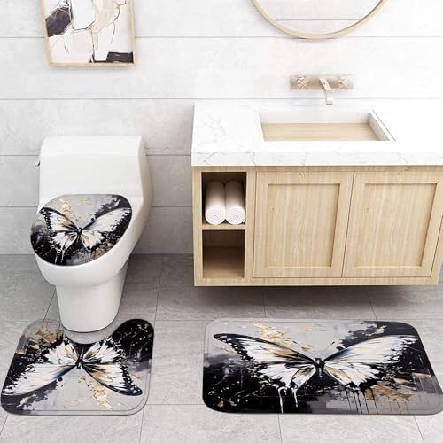 Chrainy 4pcs White Butterfly Shower Cutain Set Bathroom Decor with Rugs