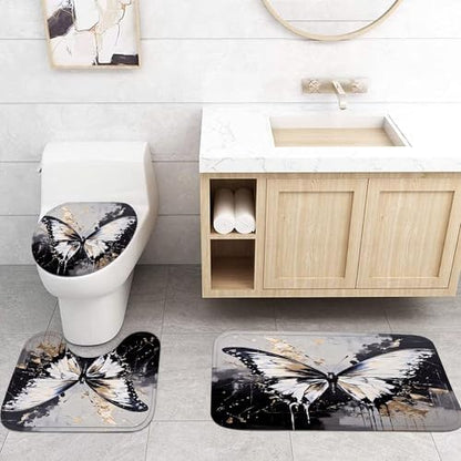 Chrainy 4pcs White Butterfly Shower Cutain Set Bathroom Decor with Rugs