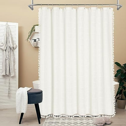 Boho Farmhouse Classic Plaid Linen Tassel Shower Curtain Ivory,72x72