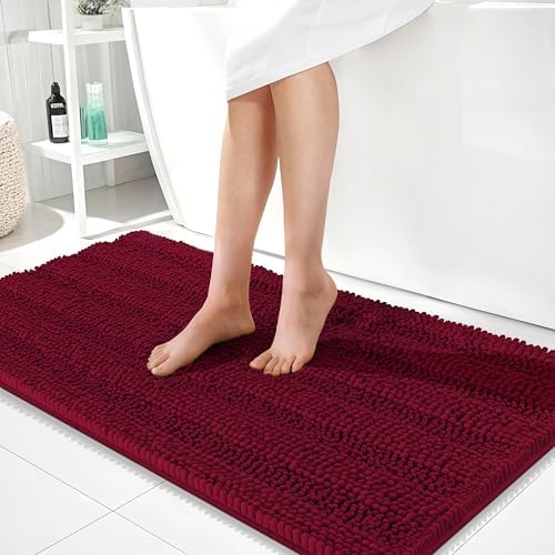 OLANLY Thick Bathroom Runner Rugs 44x24, Soft Chenille Bath Rugs, Burgundy