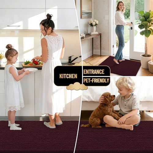 OLANLY Thick Chenille Bathroom Runner Rugs Mats 44x24, Black Cherry
