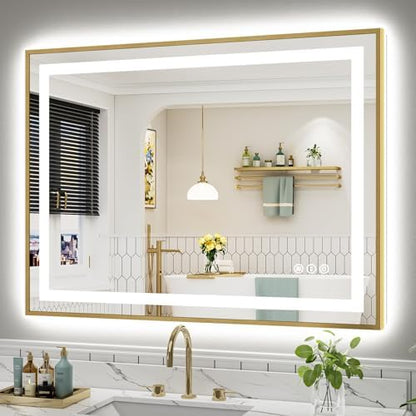 48x36 Inch LED Bathroom Mirror with Gold Frame, Backlit & Front Lit