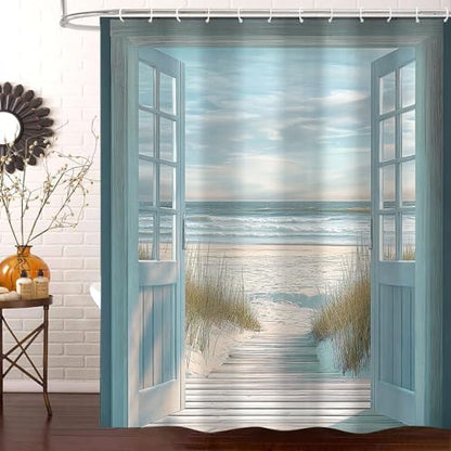 Blue Beach Barn Door Shower Curtain, Rustic Country Ocean Coastal Seaside Scenery Decor Bath Curtains, Retro Teal Wood Waterproof Bathroom Accessories Set, 60 x 70 inch with Hooks