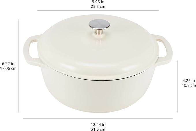 Amazon Basics Enameled Cast Iron Dutch Oven Pot with Lid, Round, Dual Handles, Heavy-Duty, Oven Safe for Stews, Roasting, Baking, 4.3-Quart, White