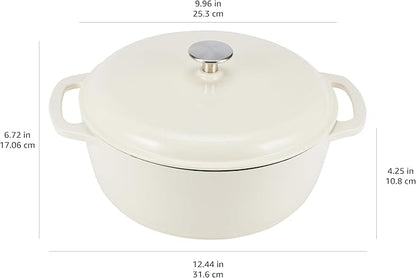 Amazon Basics Enameled Cast Iron Dutch Oven Pot with Lid, Round, Dual Handles, Heavy-Duty, Oven Safe for Stews, Roasting, Baking, 4.3-Quart, White