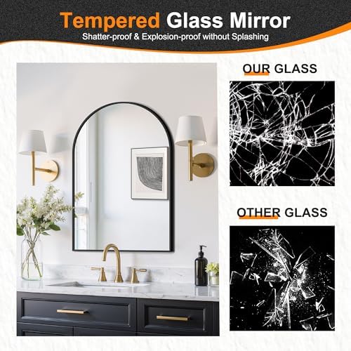 Delma Arched Bathroom Mirror, Black, 20"x30"