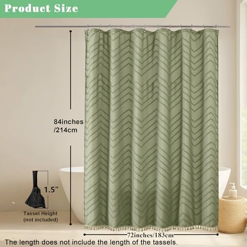 OWENIE Extra Long Light Green Boho Shower Curtain, Chic Tufted Chevron Striped Textured Fabric Cloth Shower Curtains with Tassel for Bathroom, Soft Hotel Style Farmhouse, Machine Washable, 72x84