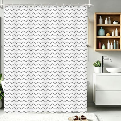 Modern Black and White Wavy Striped Shower Curtain, 72" W x 72" L