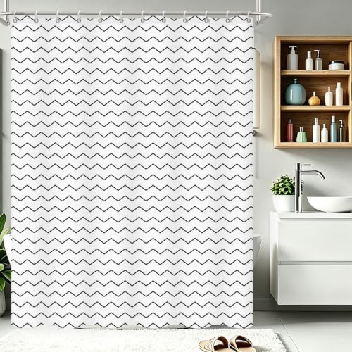 Modern Black and White Wavy Striped Shower Curtain, 72" W x 96" L