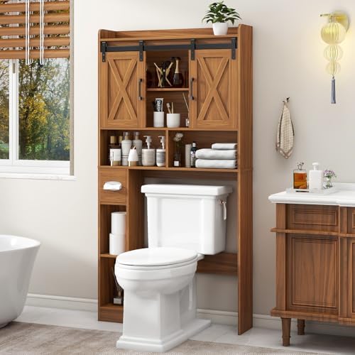 Vabches Over The Toilet Storage Cabinet with Sliding Doors, Caramel