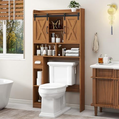 Vabches Over The Toilet Storage Cabinet with Sliding Doors, Caramel