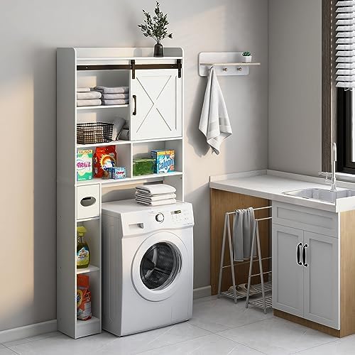 Vabches Over The Toilet Storage Cabinet with Sliding Barn Door. White