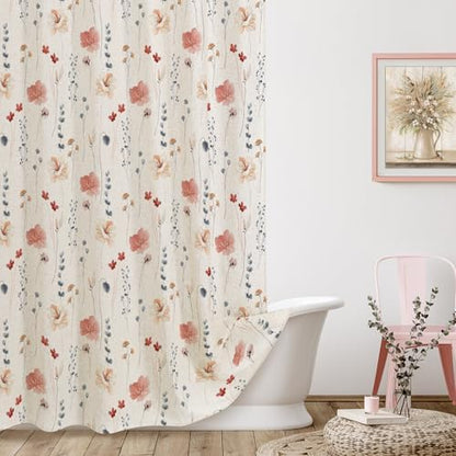 Gibelle Coral Linen Watercolor Floral Fabric Shower Curtain, 72x72