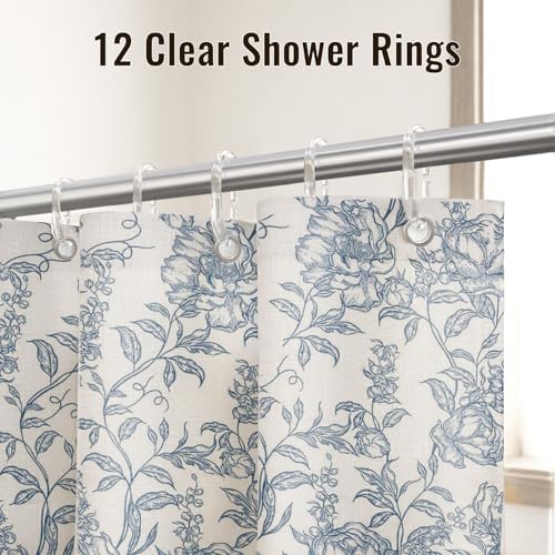 Farmhouse Blue Floral Shower Curtain with 12 Clear Rings 72"W x 84"L