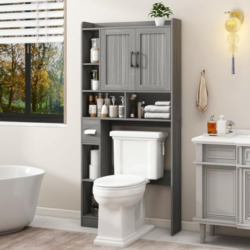 Vabches Farmhouse Over The Toilet Storage Cabinet with Barn Door, Wash Grey