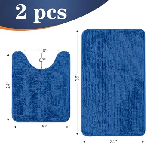 OLANLY Chenille Bathroom Rugs Sets 2 Piece, 36"x24"+24"x20", Deep Navy Blue