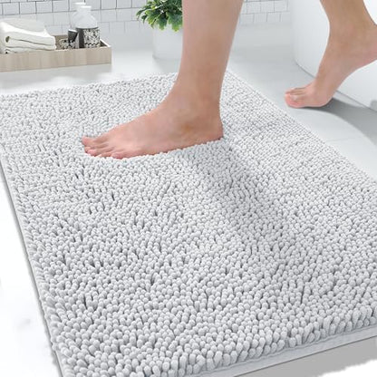 Yimobra Washable Bathroom Rugs, Super Soft & Absorbent Chenille Bath Mat for Floor & Carpet, Quick Dry Non Slip Bath Mat for Tub Shower, 32"x20",Silver