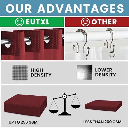 EUTXL Heavyweight Waffle No Hook Shower Curtain with Liner, Burgundy, 71x74