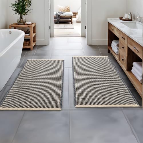 MIULEE Set of 2 Waffle Bathroom Runner Rugs Dark Grey&Yellow 2'x4'(24"x48")