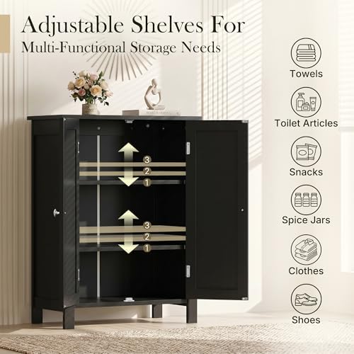 ZENY Bathroom Floor Storage Cabinet with Double Door + Adjustable Shelf, Wooden Organizer Cabinet for Living Room, Bathroom, Bedroom, Modern Home Furniture (Black)
