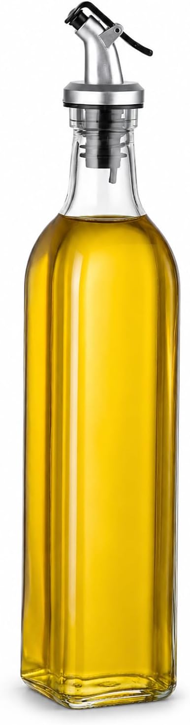 WERTIOO Olive Oil Dispenser Bottle, 17 OZ Glass Oil Dispenser for Kitchen with 1 Pourer,1 Stainless Steel Funnel & 1 Pen and 8 Label for Kitchen (500ml)