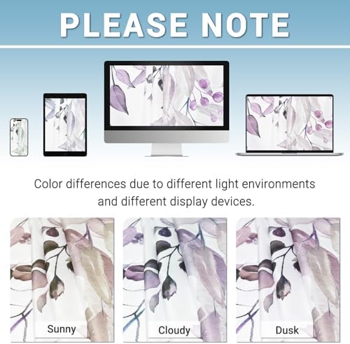 WITHLOC No Hook Floral Shower Curtain with Liner, Eucalyptus Plum, 71x74