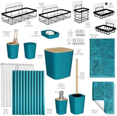 Clara Clark Bathroom Accessories Set - 27PC Bathroom Set with Adhesive Corner Shower Caddy Hanging, Bathroom Sets with Shower Curtain and Rugs, Teal Shower Curtain Set with Bathroom Trash Can