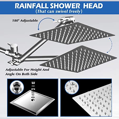 Shower Head,8”Rain Shower Head with Handheld Spray Combo with 11'' Angle Adjustable Extension Arm/Flow Regulator/Shower System,High Pressure Rainfall Shower Head Bathroom,Chrome