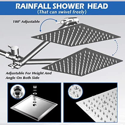 Shower Head,8”Rain Shower Head with Handheld Spray Combo with 11'' Angle Adjustable Extension Arm/Flow Regulator/Shower System,High Pressure Rainfall Shower Head Bathroom,Chrome