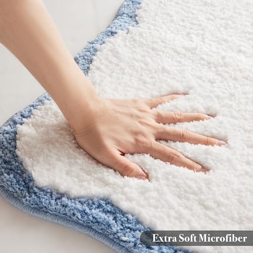 Luxury Microfiber Bathroom Rugs, Small White Bath Rug with Blue Scalloped Piping Cute Aesthetic Preppy Bath Mat for Bathroom, Tub, Floor Carpet, Sink, Shower, Anti Slip, Absorbent, 26x16