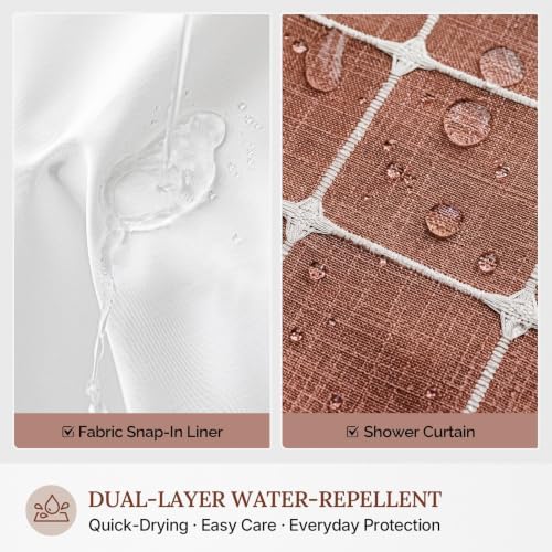 RiverDream Farmhouse No Hook Shower Curtain with Snap-in Liner,Orange,71x74