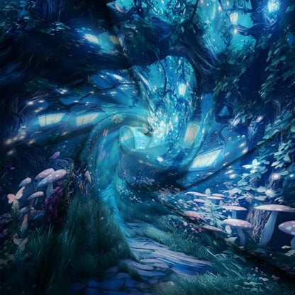 Fantasy Forest Path Shower Curtain Blue Fairy Magical Enchanted Misty Jungle Mushroom Floral Tree Butterfly Lantern Wonderland Bath Curtain Fabric Bathroom Accessories Decor with Hooks 60W x70L