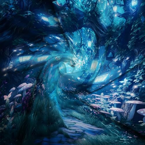 Fantasy Forest Path Shower Curtain Blue Fairy Magical Enchanted Misty Jungle Mushroom Floral Tree Butterfly Lantern Wonderland Bath Curtain Fabric Bathroom Accessories Decor with Hooks 70W x90L