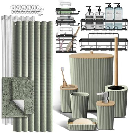 Clara Clark Bathroom Accessories Set - 27PC Bathroom Set with Adhesive Corner Shower Caddy Hanging, Bathroom Sets with Shower Curtain and Rugs, Sage Green Shower Curtain Set with Bathroom Trash Can
