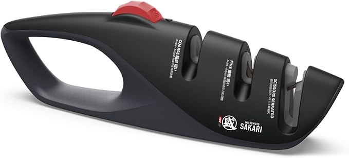 MITSUMOTO SAKARI 3-Stage Adjustable Kitchen Knife Sharpener, Scissors Slot | 12°-22° angle guide, coarse and fine slots, scissors slot, ceramic and carbide abrasives for knives and shears