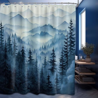 Navy Blue Forest Extra Long Shower Curtain, Tall 72X96 in, Mountain