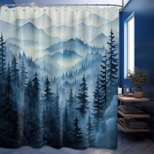 Navy Blue Forest Extra Long Shower Curtain, Tall 72X84 in, Mountain