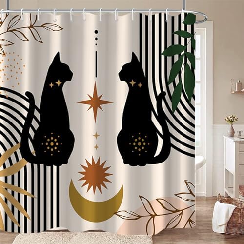 AWERT Boho Mid Century Shower Curtain Cute Cat Shower Curtain for Bathroom with Hooks Minimalist Abstract Fabric 72x78inch