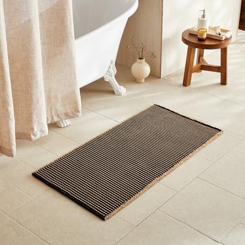 TYUU Waffle Bath Mat, Boho Bathroom Rugs Non Slip, 48x24 Khaki & Black