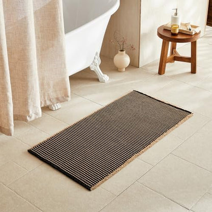 TYUU Waffle Bath Mat, Boho Bathroom Rugs Non Slip, 48x24 Khaki & Black