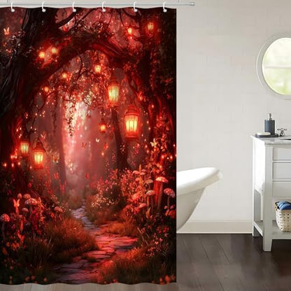 Fantasy Forest Path Shower Curtain Red Fairy Magical Enchanted Misty Jungle Mushroom Floral Tree Butterfly Lantern Wonderland Bath Curtain Fabric Bathroom Accessories Decor with Hooks 35W x70L