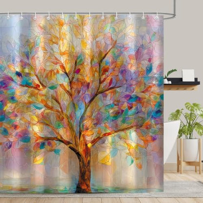 Moonslim Colorful Tree Shower Curtains, Stained Glass Trees Leaves Colored Seasons Fabric Shower Curtain Set Modern Aesthetic Bath Curtain for Bathroom Decor Waterproof Cloth with Hooks 72X72 Inch
