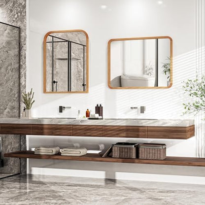 36"x24" Arched Wood Bathroom Mirror - Handcrafted Modern Farmhouse Bathroom Mirror with Tempered Glass&Natural Wood Frame, Anti-Fog Decorative Vanity Mirror for Bedroom, Living Room, Spa & Home Decor