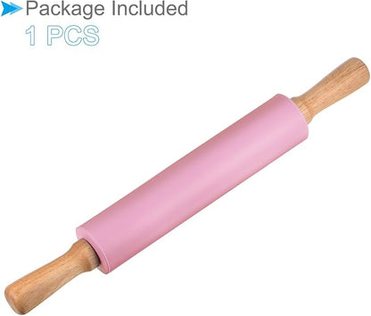 Silicone Rolling Pins, 17" Length, Silicone & Oak Non-Stick Ergonomic Wooden Handle Fondant Dough Roller Pink - (Applications: for Baking DIY Projects)