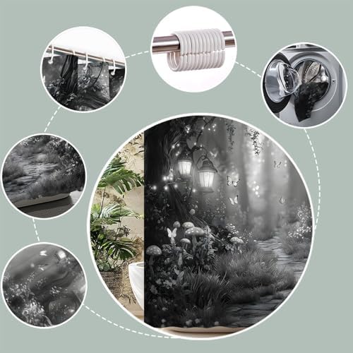Fantasy Forest Path Shower Curtain Grey Fairy Magical Enchanted Misty Jungle Mushroom Floral Tree Butterfly Lantern Wonderland Bath Curtain Fabric Bathroom Accessories Decor with Hooks 55W x70L