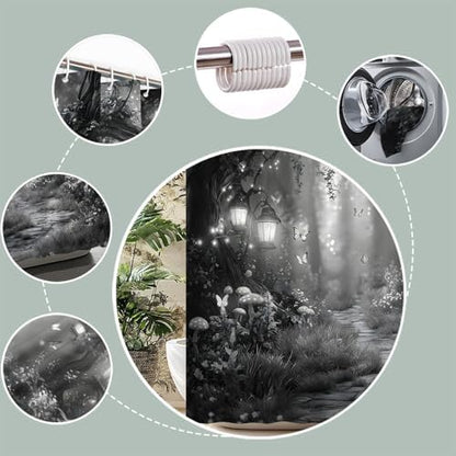 Fantasy Forest Path Shower Curtain Grey Fairy Magical Enchanted Misty Jungle Mushroom Floral Tree Butterfly Lantern Wonderland Bath Curtain Fabric Bathroom Accessories Decor with Hooks 55W x70L