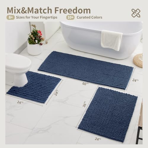Bathroom Rugs Non Slip Washable 36x24, Extra Thick Soft Chenille Absorbent Bath Mat, High Density Barrier Non Slip Backing, Quick Dry Plush Shaggy Floor Carpet for Tub&Shower, Blue