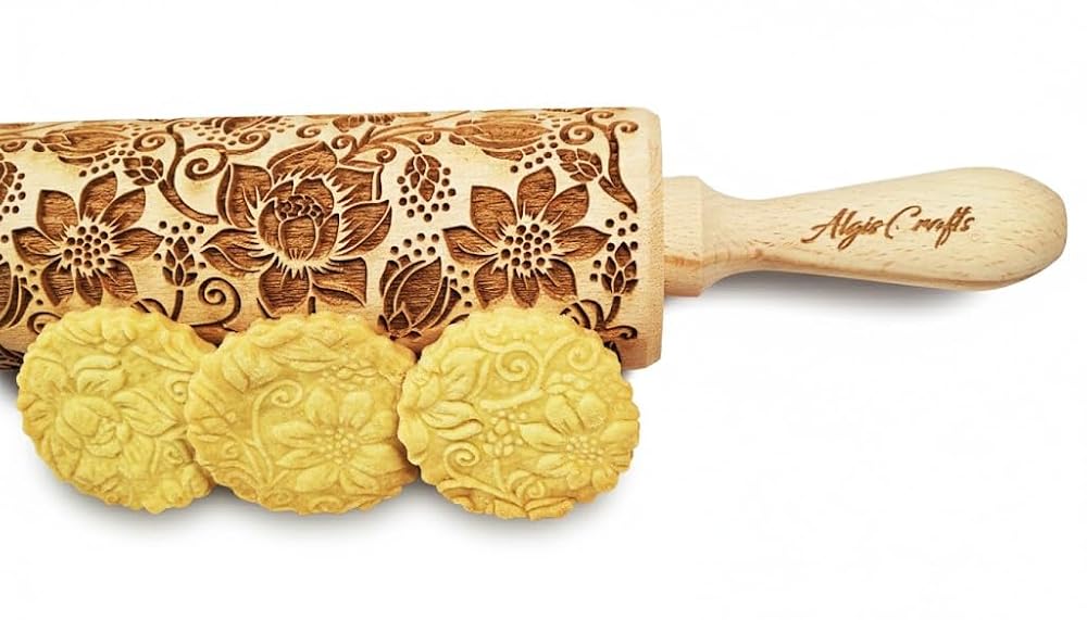 LOTUS embossing rolling pin with Lotus flower Pattern. Dough roller for embossed cookies and Pottery by Algis Crafts