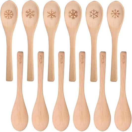 HANSGO Small Wooden Spoons, 6PCS Christmas Small Soup Spoons with Snowflake Pattern for Coffee Tea Jam Honey Spices, Restaurant Decoration, Kitchen Stocking Stuffers